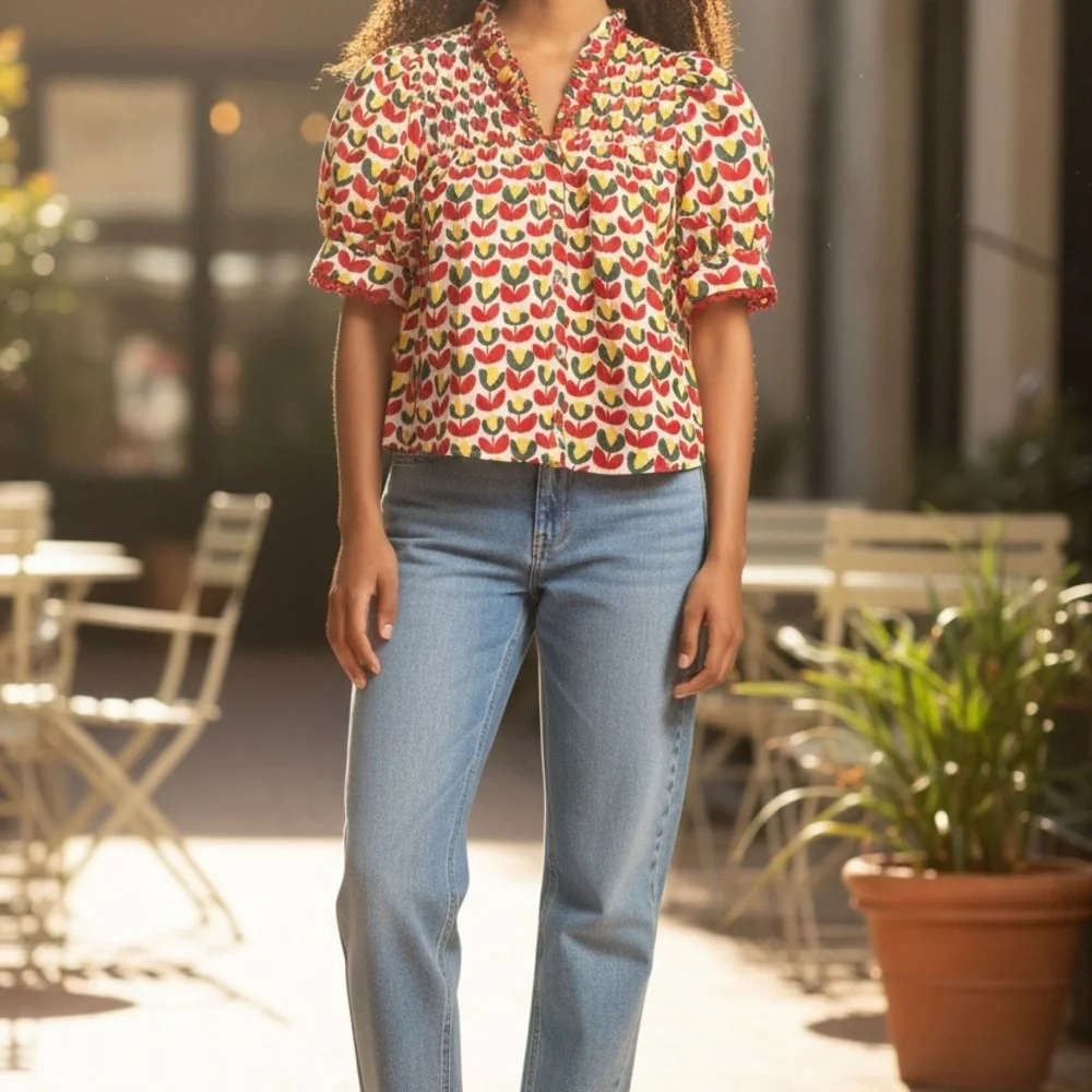 Entro Red and Yellow Tulip Print Boutique Blouse - Picture 3 of 5